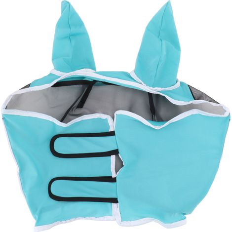 Masque anti-mouches pour chevaux, en maille respirante, élastique, protection UV, avec oreilles, bleu, taille S (42 x 35 cm / 16,5 x 13,8 pouces). (1/5)
