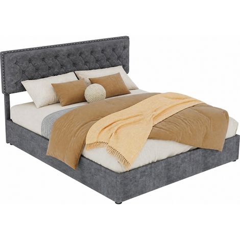 Lit double 160x200 cm en velours gris avec coffre de rangement, tête de lit rembourrée, structure solide métal et bois, sans matelas, pour chambre adulte – CHICFURN (1/5)