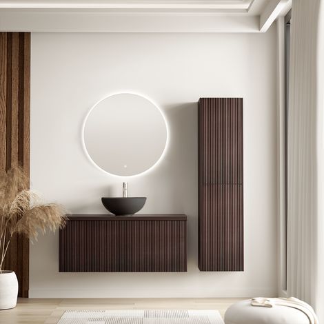LOMAZOO Meuble de Salle de Bain 100cm Noyer Cannelé - Vasque à