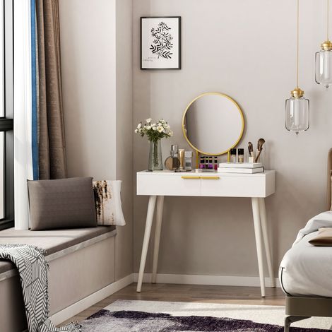 Coiffeuse miroir rond style Art déco - 2 tiroirs - métal doré effet bois blanc (1/5)