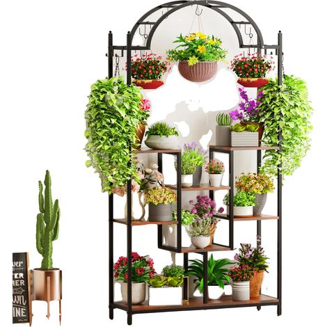Soporte para plantas, diseño de 5 niveles, estilo industrial vintage, MARRÓN, XXL (1/2)