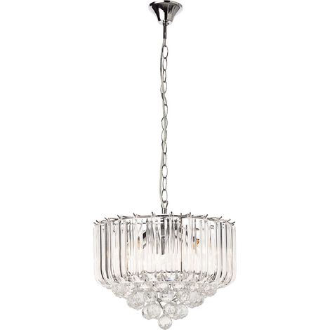 Globo – Lustre en cristal transparent – Lampe à suspension métal chromé – 4 douilles E14 – Diamètre 35 cm, Hauteur 90 cm (1/6)