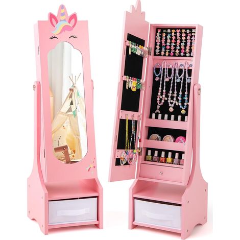 GOPLUS Armoire a Bijoux Enfant Fille, 2 en 1 Armoire à Bijoux avec Miroir, Organisateur à Bijoux sur Pied avec Tiroir Pliable, 2 Angles Réglables, Jolie Licorne, pour Chambre d'enfant (Rose) (1/5)