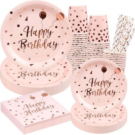24 pièces Vaisselle jetable rose, Happy Birthday, assiettes gobelets pailles serviettes, fête anniversaire fille