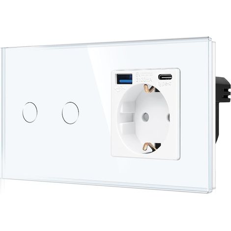 Interrupteur tactile en verre + prise Schuko avec ports USB Type-C et Type-A rapides (3,1 A/20 W), montage encastré, indicateur LED, blanc, double (1/5)