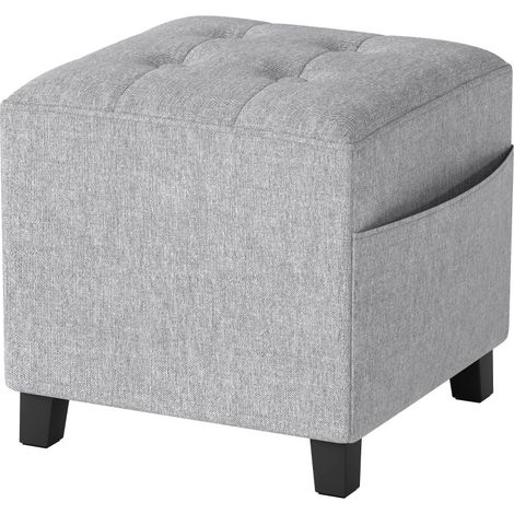 Puf cuadrado pequeño con bolsillo lateral, tapizado efecto lino, gris claro (1/4)