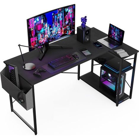 Bureau d'angle noir 120 x 70 cm avec étagères