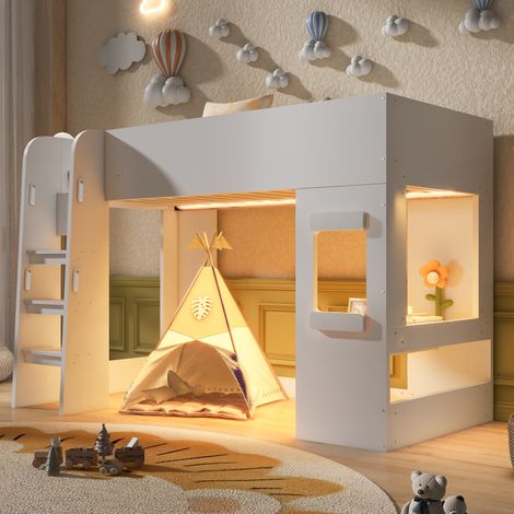 Letto a soppalco 90x200 cm bianco in MDF con scrivania, LED e scala di sicurezza (1/5)