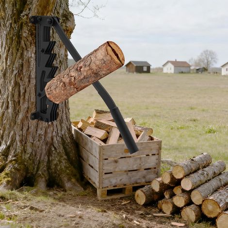 Partidor de leña manual de hierro fundido, soporte portátil de pared para leña, para uso interior y exterior, incluye 2 asas desmontables y soporte para leña.