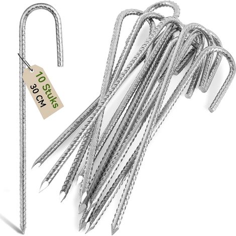 Piquets d'ancrage robustes de 30 cm pour tente ou trampoline - Acier galvanisé, crochets en J, poteaux en acier d'armature. Convient pour trampolines, camping, abris de jardin, balançoires (10 pièces) (1/5)