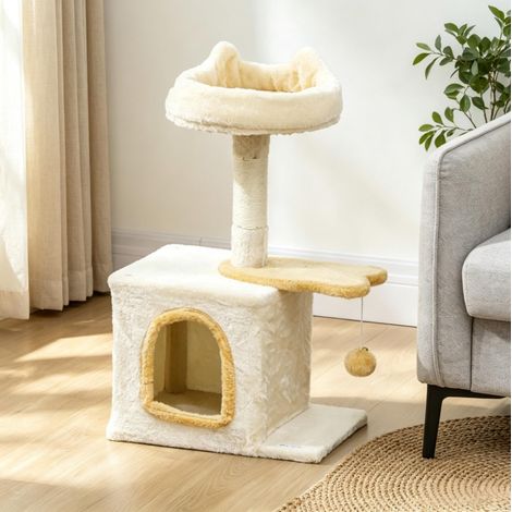 Árbol para gatos 40x30x72 cm de aglomerado beige y amarillo con rascador – MEUBLIV (1/5)