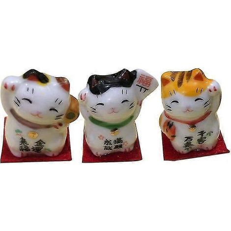 Ensemble de 3 Maneki-neko (chat porte-bonheur japonais), ornements décoratifs en porcelaine représentant des chats qui font signe de la main. (1/4)