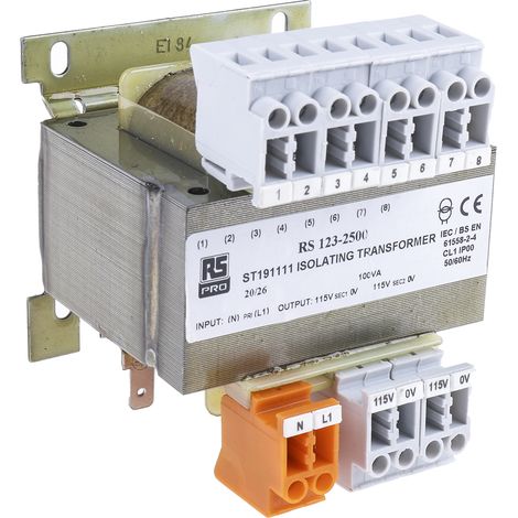 Rs Pro – Transformateur pour tableau électrique 100 VA – Tension d'entrée 208-460 V AC – Tension secondaire 2 x 115 V – Rail DIN (1/4)