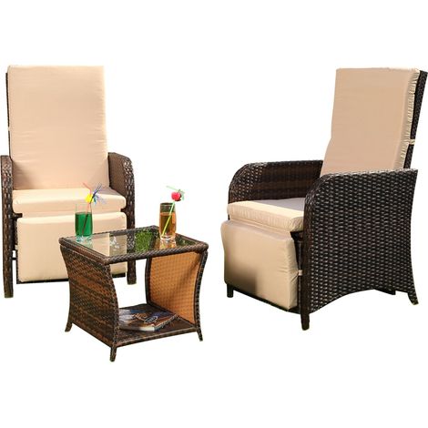 Set da giardino 2 poltrone e tavolo Polyrattan set di sedute Lounge Brown (1/5)