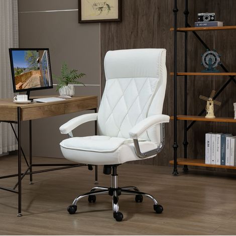Chaise de bureau ergonomique en cuir régénéré, hauteur réglable, pivotante à 360° avec fonction bascule et appui-tête, blanche, pour télétravail  CHICFURN (1/5)