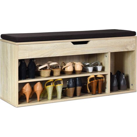 COSTWAY Schuhbank mit Sitzflaeche, Schuhregal Holz, Schuhkommode Schuhablage Schuhschrank aufklappbar, Sitzbank mit Regal, mit Sitzkissen, braun (1/5)