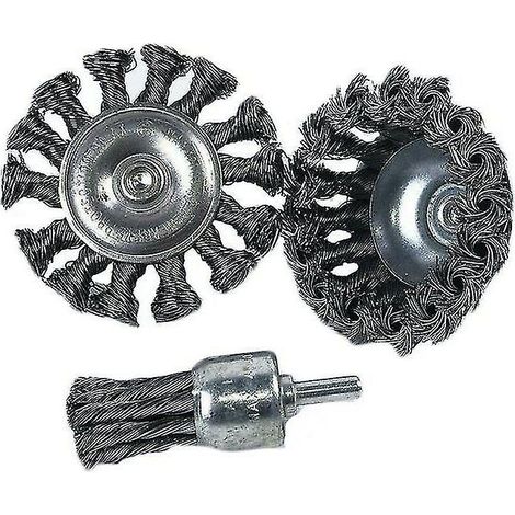 Lot de 3 brosses métalliques pour perceuse : ébavurage des moyeux de roues, élimination de la rouille, nettoyage de barbecue (1/4)
