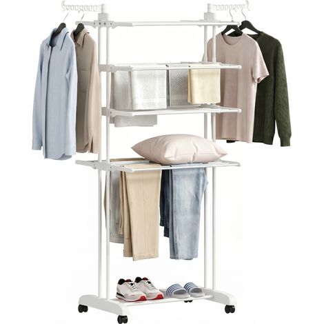 Séchoir linge pliable 5 niveaux roulettes ailes latérales cadre acier, blanc (1/5)