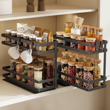 2 Pièces Coulissante Etagere a Epices pour Placard,Métal Étagère à Épices Coulissant Aucun Assemblage Requis Verticale Range Epice Rangement Porte Epice pour Cuisine Sans Perçage-2 Niveaux,Noir (1/5)