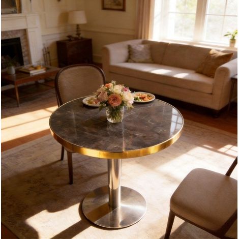 Table d’appoint ronde grise effet marbre avec plateau MDF, finition UV et base en acier inoxydable doré (1/5)