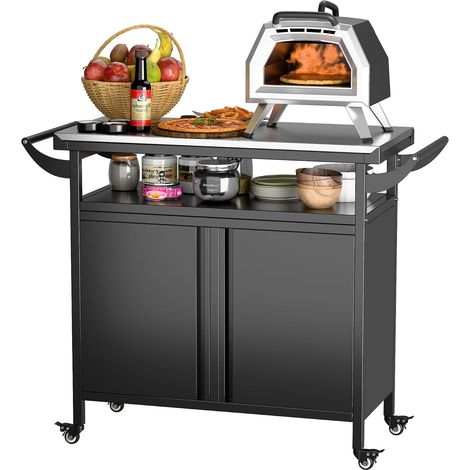 Chariot de barbecue, table à pizza avec 4 roulettes, plateau de table en acier inoxydable 304, chariot pour barbecue, chariot de service d'extérieur, chariot de jardin (1/5)