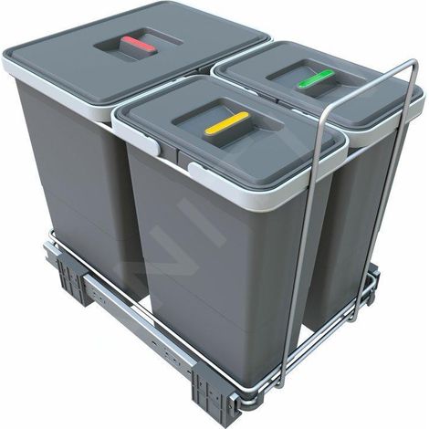 Poubelle tri sélectif 34L – 3 compartiments séparés – Dimensions 460 x 325 x 420 mm – Installation coulissante facile – Inox et plastique – Elletipi (1/5)