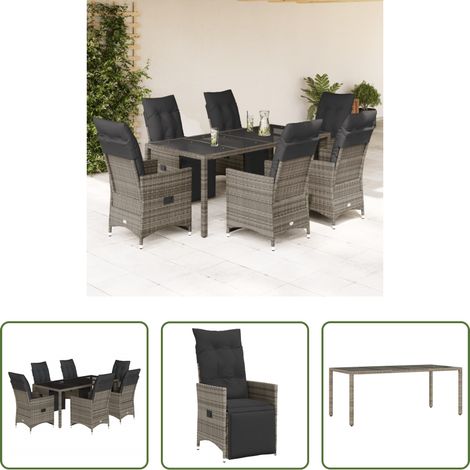 vidaXL Relaxsessel - 7-tlg. Garten-Bistro-Set mit Kissen Grau Poly Rattan (1/5)