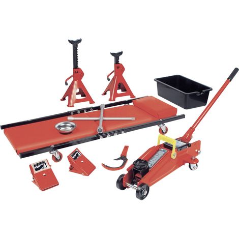 Brüder Mannesmann – Kit atelier auto 10 pièces – Cric hydraulique 2 t – Hauteur de levage min. 132 mm, max. 325 mm – Chandelles TÜV-GS (1/3)