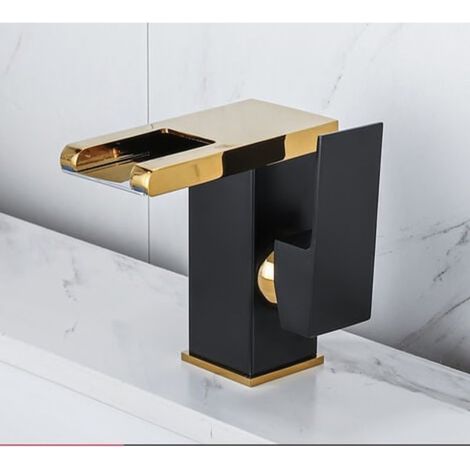 Mitigeur de salle de bain LED Vattenfall, robinet noir et doré, finition mat, débit faible, design moderne, économie d'eau, 1 pièce, usage lavabo, installation facile. (1/4)