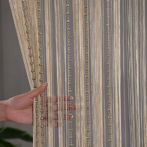 Rideaux à perles pour porte - 100 x 200 cm - Doré - Été - Moustiquaire - Rideaux à perles - Moustiquaire à paillettes - Rideau à fils - Rideaux avec paillettes et perles brillantes - Avec pompons - Dé (1/5)