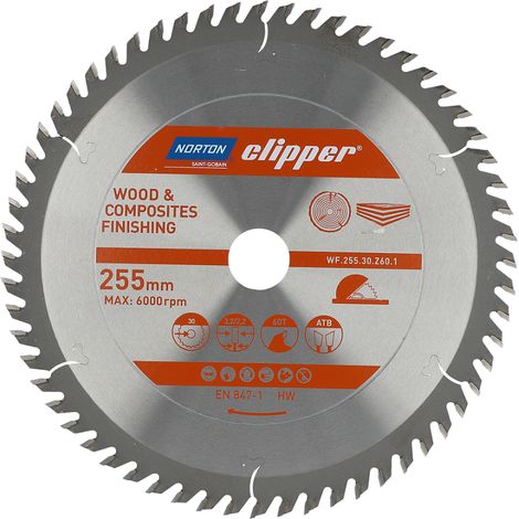 Sierra Circular Norton 250mm x 30mm x 60T (3,2 / 2,2), corte longitudinal y transversal, para madera y compuestos, geometría ATB, dientes de carburo, alta durabilidad, 6000 rpm