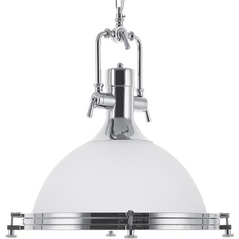 Lampadario in Metallo Argentato Paralume Vetro Bianco Forma di Campana Ebron