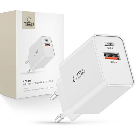TECH-PROTECT NC30W 2-Port-Netzwerkladegerät PD30W/QC3.0 Weiß
