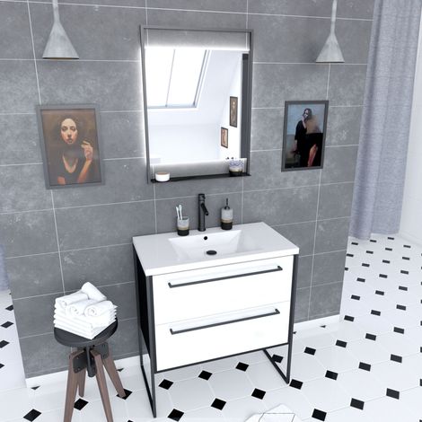 Set mobile bagno 80x50 cm nero opaco - 2 cassetti bianchi - lavabo bianco + specchio LED