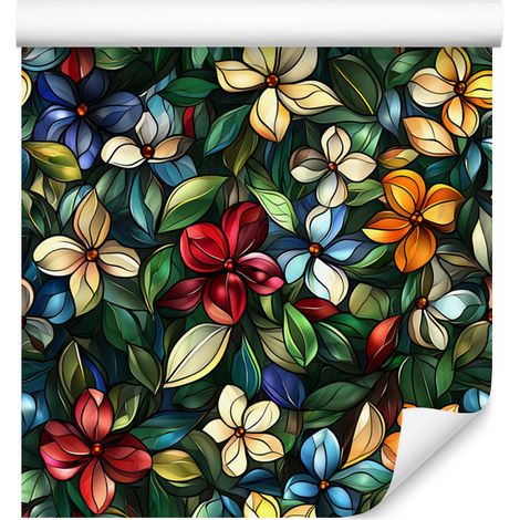 Papier peint à motifs de fleurs en vitrail, vert bouteille et turquoise, 50 x 1000 cm (1/5)