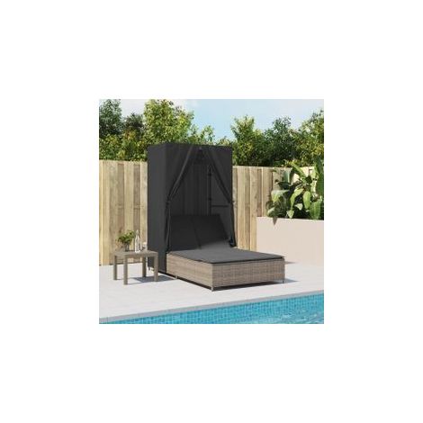 Chaise longue double avec toit et rideaux gris résine tressée (1/5)