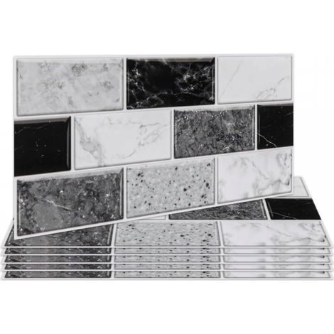Lot de 12 autocollants pour carrelage noir et blanc (30 x 15 cm) pour salle de bain et cuisine, crédence de cuisine, carrelages muraux imperméables (1/5)