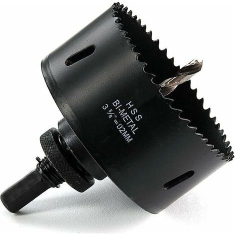 92 mm M42 HSS Bimetall-Lochsäge mit Sechskantschaft und Bohrer für Holz, Gipskarton und Blech, Schwarz. (1/4)
