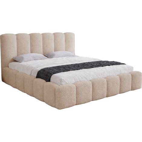 Lit capitonné 200x200 Florent - tissu bouclé, lit avec rangement, sommier - Beige (Lambi 6)