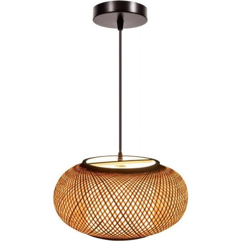 Suspension en bambou de 40 cm (16 pouces), 1 lumière, tissée à la main, en rotin tressé, pour chambre ou îlot de cuisine. (1/5)