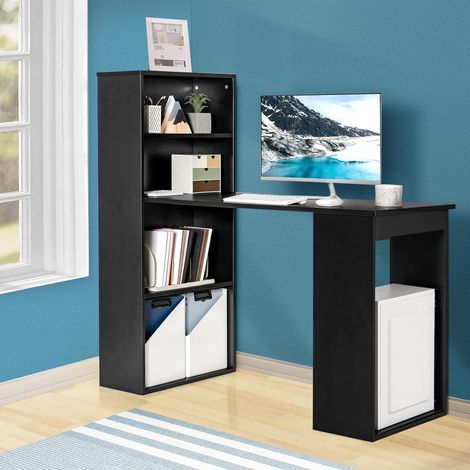 COSTWAY Computer Desk, Wooden PC Laptop Table Writing Workstation with 6-Tier Storage Bookshelves, Modern Home Office Work Study Desk (Black) (1/5)