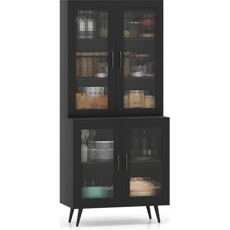 COSTWAY Kitchen Pantry Cabinet 178 cm Tall Cupboard w/4 Transparent Doors-Black