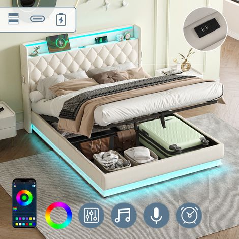 4ft6 Double Upholstered Bed Frame with Hydraulic Storage, Linen Ottoman Bed with LED Lighting and Charging Station, LED Button Tufted Headboard with USB and Type - C Ports, No Box Spring Needed, Beige