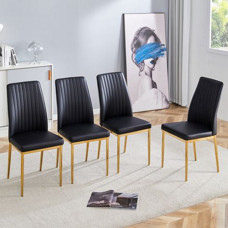 4er-Set Esszimmerstühle (43 x 42,5 x 92,5 cm), goldfarbene Metallbeine, bequeme Sitzkissen, minimalistisches Streifendesign, geeignet für Küche, Wohnzimmer und Schlafzimmer, schwarzes PU-Leder