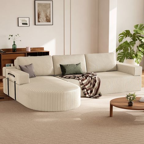 Canapé d'angle réversible, 265 x 175 x 82 cm - 4 places - tissu velours côtelé - Beige (1/5)