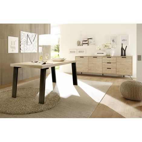 PALAMO - Ensemble Séjour Buffet 3 Portes 3 Tiroirs Aspect Bois Pieds Métal Gris Foncé (1/5)