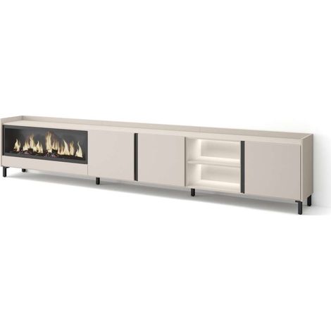 Mueble TV Carratraca-02 de 315x61x35 cm con chimenea y luces LED, diseño industrial, color beige (1/4)