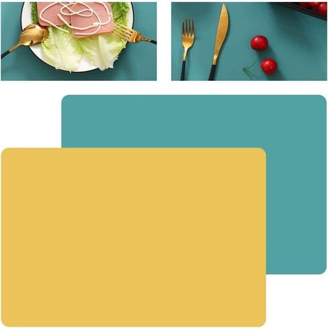 Set aus 4 Silikon-Tischsets, grün-gelb gestreift, abwaschbar, rutschfest, für Esstische, Restaurants und Küchen, 40 cm x 30 cm.