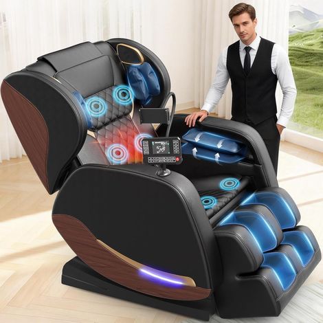 Fauteuil de massage chauffant, équipé de 8 coussins gonflables, 14 rouleaux de massage, 15 programmes de massage, haut-parleurs Bluetooth et repose-pieds réglable de 13 cm, noir