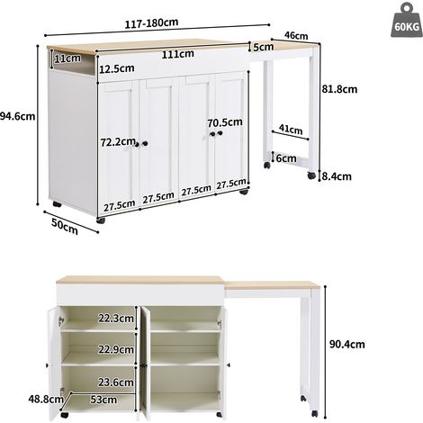 Table extensible moderne pour bar (117-180×50×94.6cm), table à manger coulissante avec rangement, six étagères, table haute bistro, séparateur de pièce pour salon, blanc (1/5)